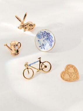 Anthropologie 14KT Gold Plated Mini Brooches New Set of 5 Bike Chia Bunny Heart